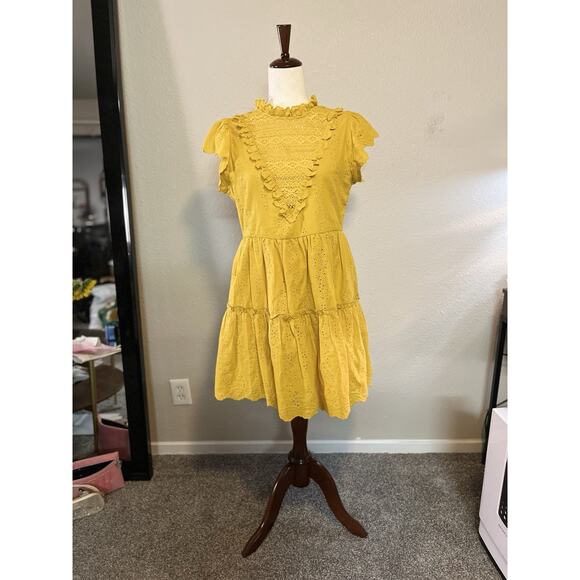 House of Harlow 1960 Dresses & Skirts - House of Harlow 1960 Women’s Mock Neck Eyelet Tiered Dress Gold Sz-Small Cotton
